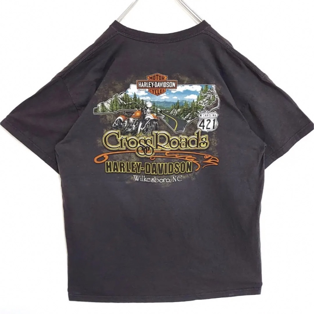 ハーレーダビッドソン 両面プリントTシャツ ドクロ バイク L グレー 黒 青