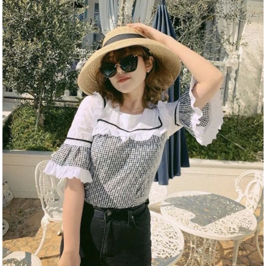 epine  lace×gingham check frill blouse