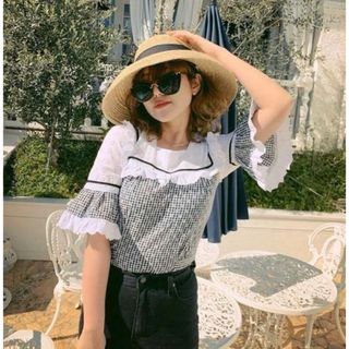 エピヌ(épine)のepine  lace×gingham check frill blouse(シャツ/ブラウス(半袖/袖なし))