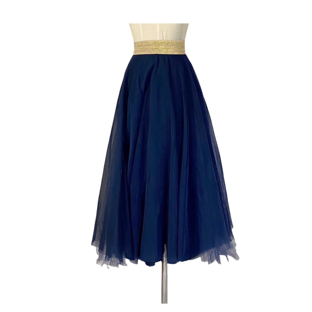 イタリア チュールスカートプレゼント♡深いブルーにゴールドのウエストゴム伸縮 レディースのスカート(ロングスカート)の商品写真