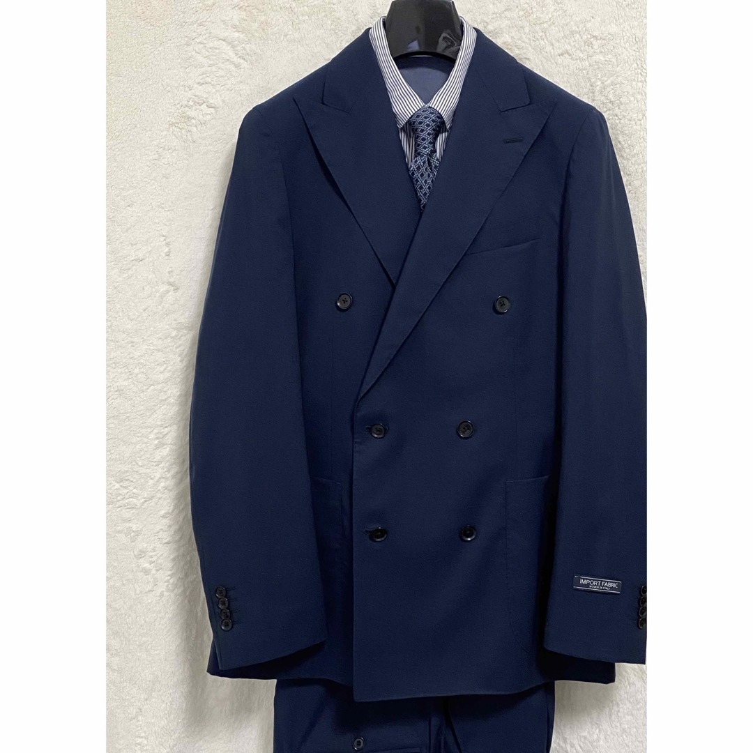 新品】春夏物 インポート生地使用 メンズ ダブル スーツ AB6 LL 紺無地-