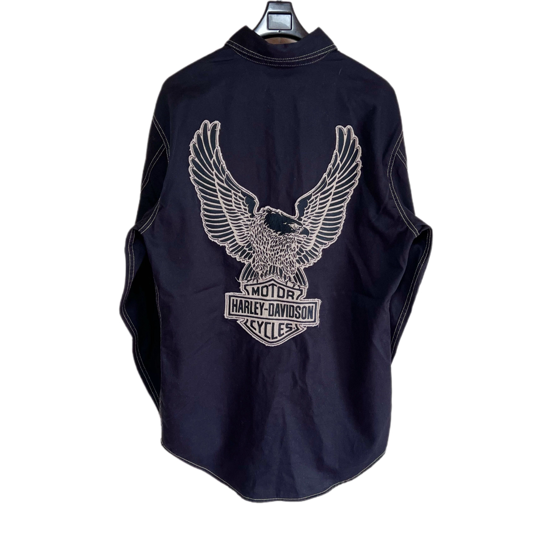 希少XL★HARLEY-DAVIDSON ハーレー 鷲刺繍 ロゴ刺繍 長袖シャツ