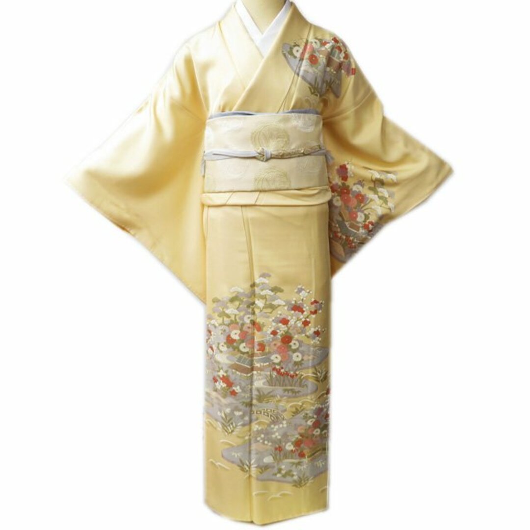 訪問着 着物  正絹 袷 フォーマル 花 風景 茶屋辻 密陀僧色 多色 金 身丈163cm 裄66.5cm L きもの北條 A882-6