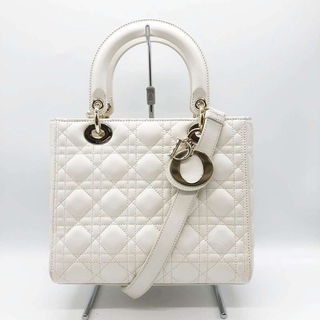 美品 Christian Dior クリスチャンディオール レディディオール ミディアム カナージュ ショルダーバッグ 2way ハンドバッグ バッグ ラムスキンレザー ホワイト USED