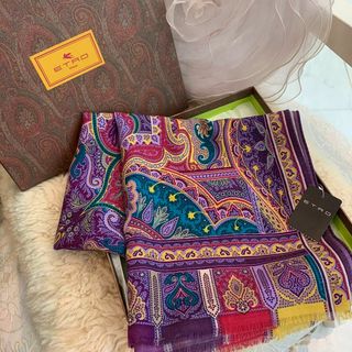 エトロ(ETRO)の☆未使用品☆ETRO エトロ ストール シルク ウール ペイズリー柄 パープル系(ストール/パシュミナ)