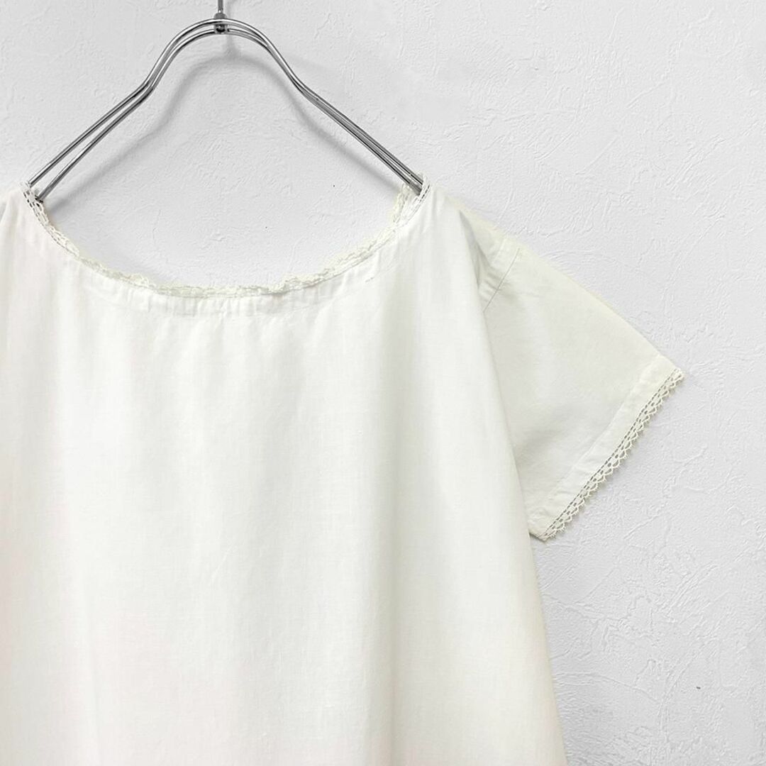 アンティーク フランス イニシャル 刺繍 レース ギャザー 半袖