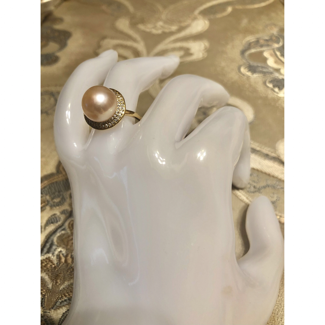 贅沢な12mm大粒♪金具純銀天然淡水真珠/ダイヤ入パール指輪♪サイズ：フリー♪p レディースのアクセサリー(リング(指輪))の商品写真