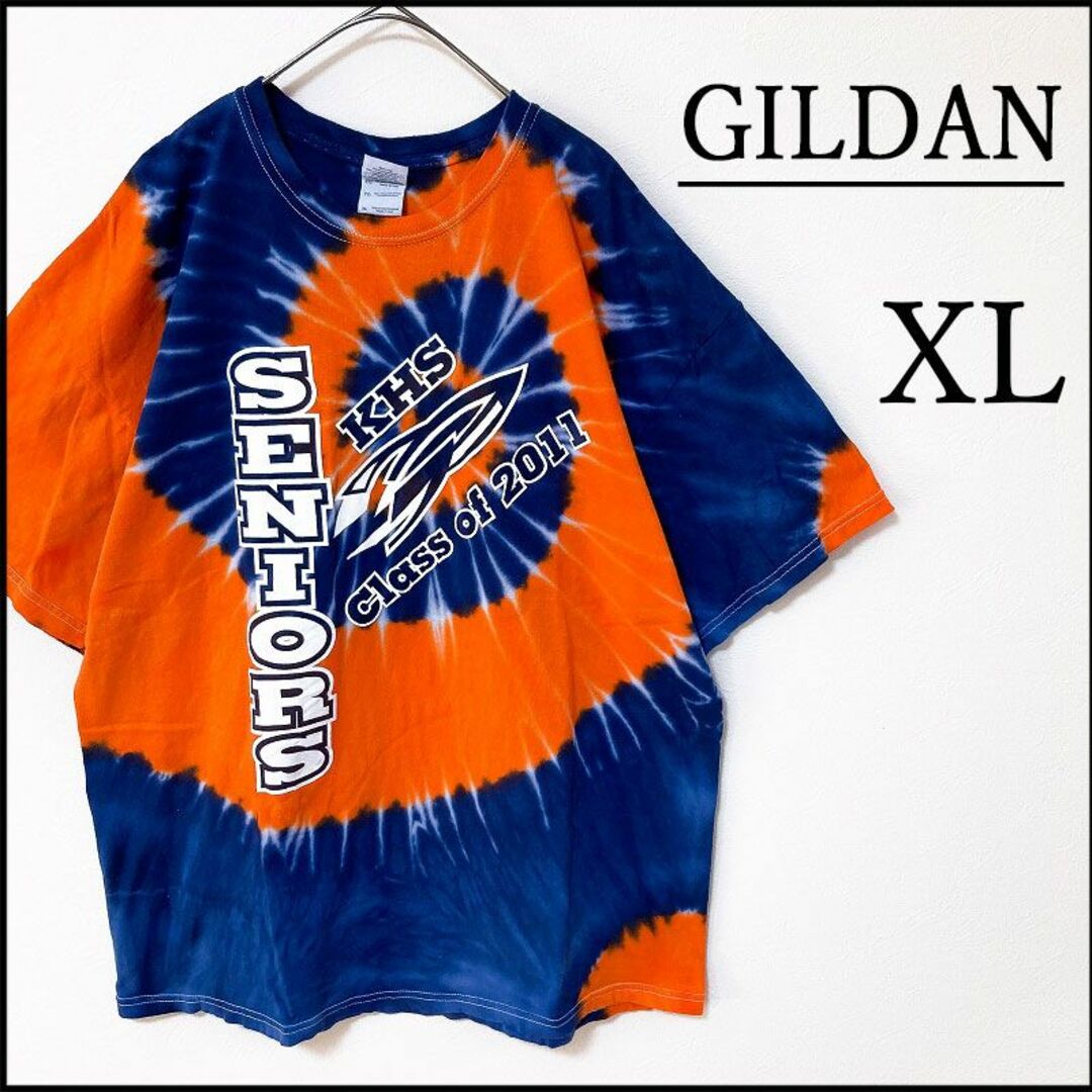 GILDAN(ギルタン)のメンズ服タイダイ染めプリント半袖TシャツXL 古着屋　総柄　アメリカ　紺オレンジ メンズのトップス(Tシャツ/カットソー(半袖/袖なし))の商品写真