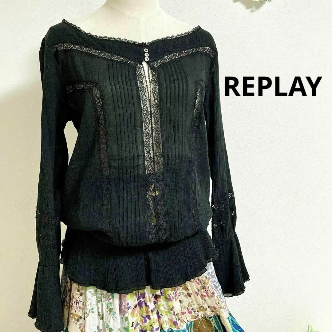 Replay(リプレイ)のリプレイ レース 楊柳 コットン ブラウス 黒 M〜L相当 ゆったり レディースのトップス(シャツ/ブラウス(長袖/七分))の商品写真