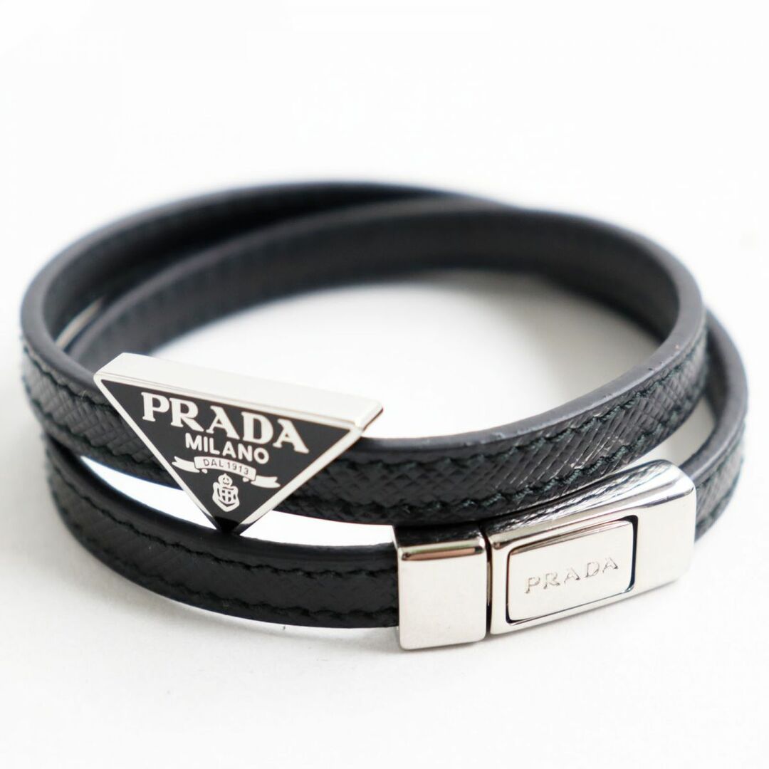 美品【新品】PRADA チェーンブレスレット 三角ロゴ 黒 S-