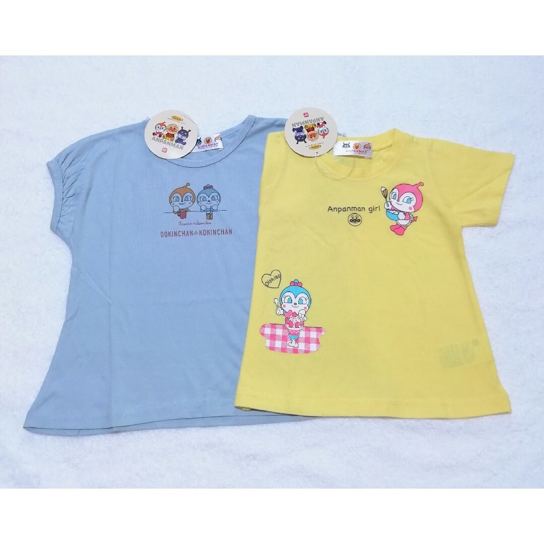 アンパンマン(アンパンマン)の新品　110cm　アンパンマン　女の子半袖Tシャツ2枚セット　イエロー×DKb キッズ/ベビー/マタニティのキッズ服女の子用(90cm~)(Tシャツ/カットソー)の商品写真