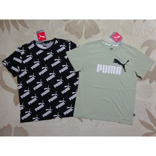 プーマ(PUMA)の新品★160★2枚★PUMA プーマ★半袖Ｔシャツ★総柄ブラック黒・ロゴグリーン(Tシャツ/カットソー)