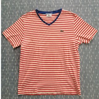 ラコステ(LACOSTE)のLACOSTE　ラコステ ボーダーTシャツ Vネック オレンジ 青(Tシャツ/カットソー(半袖/袖なし))