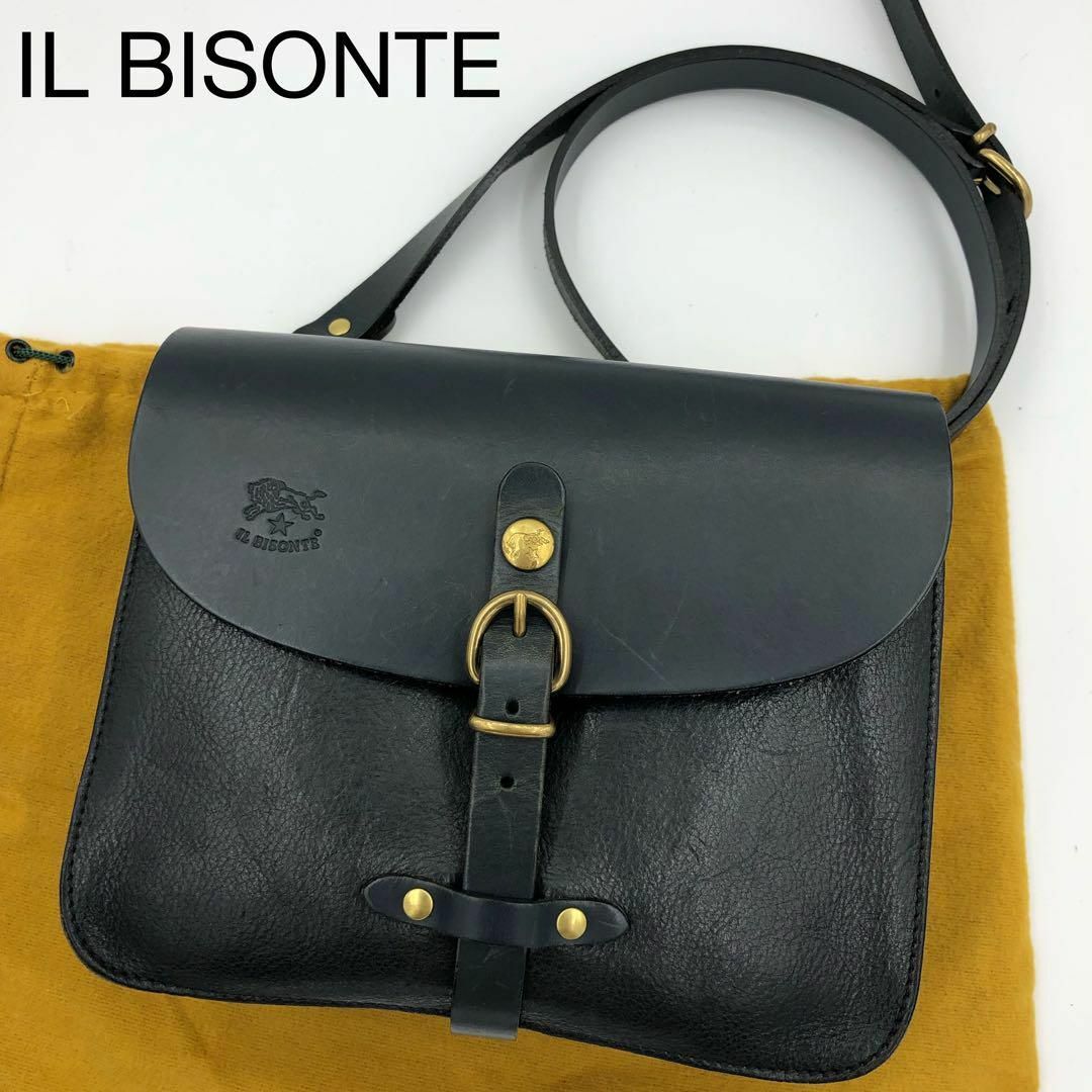 【IL BISONTE】イルビゾンテ ショルダーバッグ ロゴ型押し 金ボタン 黒