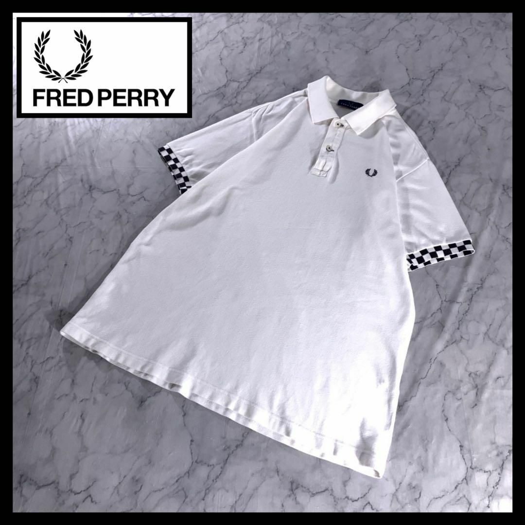 FRED PERRY フレッドペリー ポロシャツ 白 チェッカー L 刺繍ロゴ