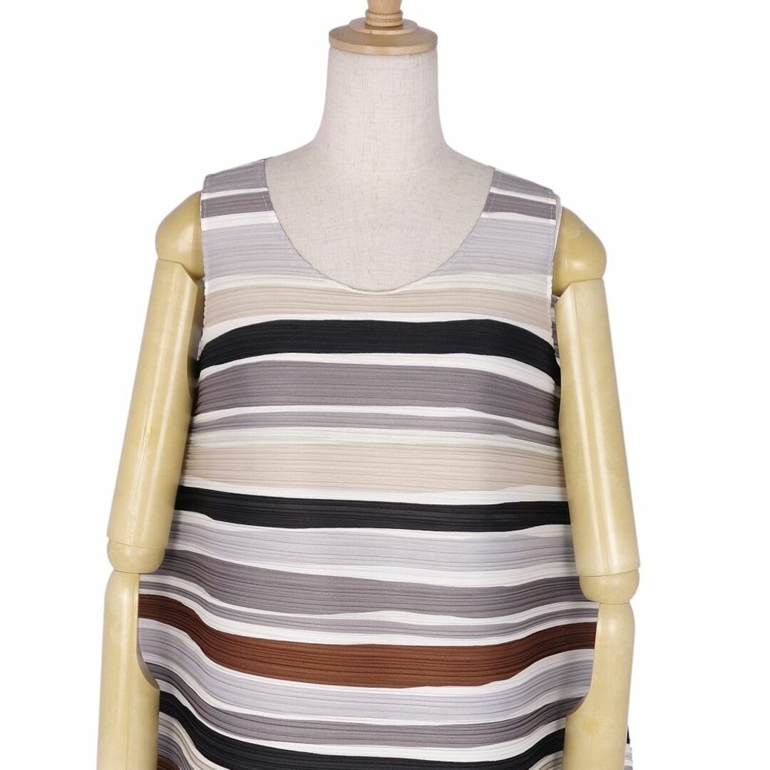 極美品 プリーツプリーズ イッセイミヤケ PLEATS PLEASE シャツ ノースリーブ ボーダー 横プリーツ トップス レディース 3(L相当) マルチカラー