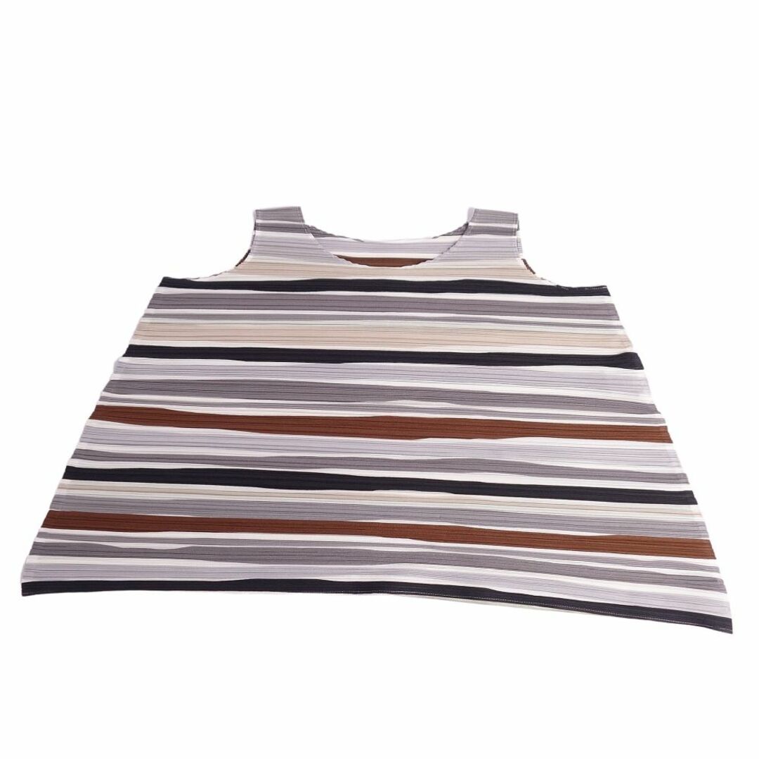 極美品 プリーツプリーズ イッセイミヤケ PLEATS PLEASE シャツ ノースリーブ ボーダー 横プリーツ トップス レディース 3(L相当) マルチカラー
