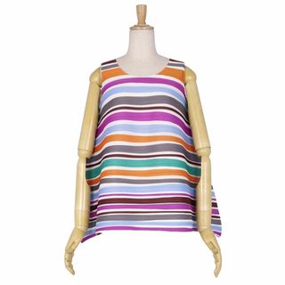 プリーツプリーズイッセイミヤケ(PLEATS PLEASE ISSEY MIYAKE)の極美品 プリーツプリーズ イッセイミヤケ PLEATS PLEASE シャツ ノースリーブ ボーダー 横プリーツ トップス レディース 3(L相当) マルチカラー(シャツ/ブラウス(半袖/袖なし))