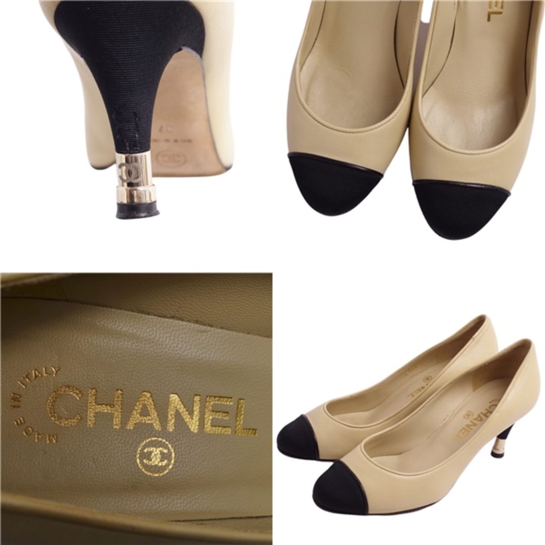 シャネル CHANEL パンプス ヒール キャップトゥ ココマーク バイカラー カーフレザー サテン シューズ レディース 37C ベージュ/ブラック