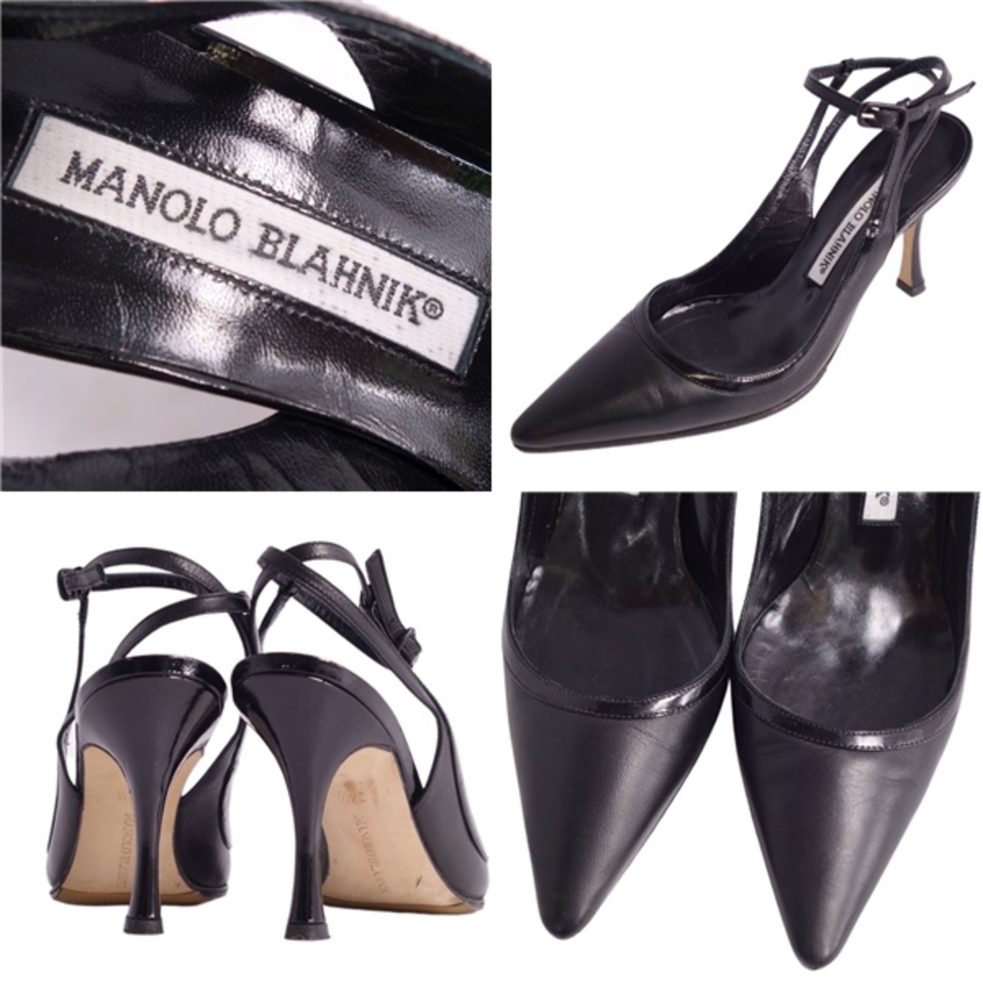 MANOLO BLAHNIK(マノロブラニク)の美品 マノロ・ブラニク Manolo Blahnik パンプス ポインテッドトゥ アンクルストラップ カーフレザー ヒール シューズ 靴 レディース 34.5(21.5cm相当) ブラック レディースの靴/シューズ(ハイヒール/パンプス)の商品写真