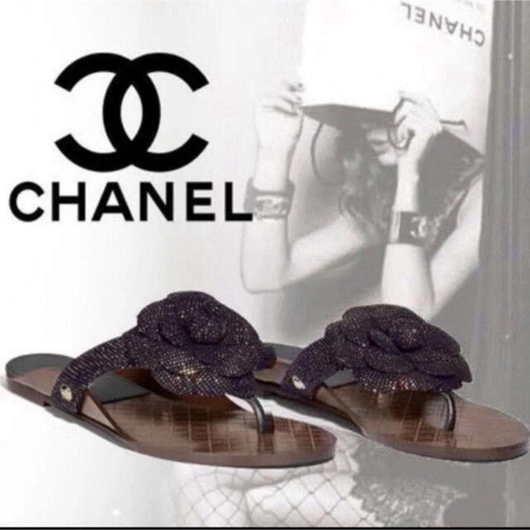 CHANELゴートレザーサンダルカメリア フラワートングサンダル