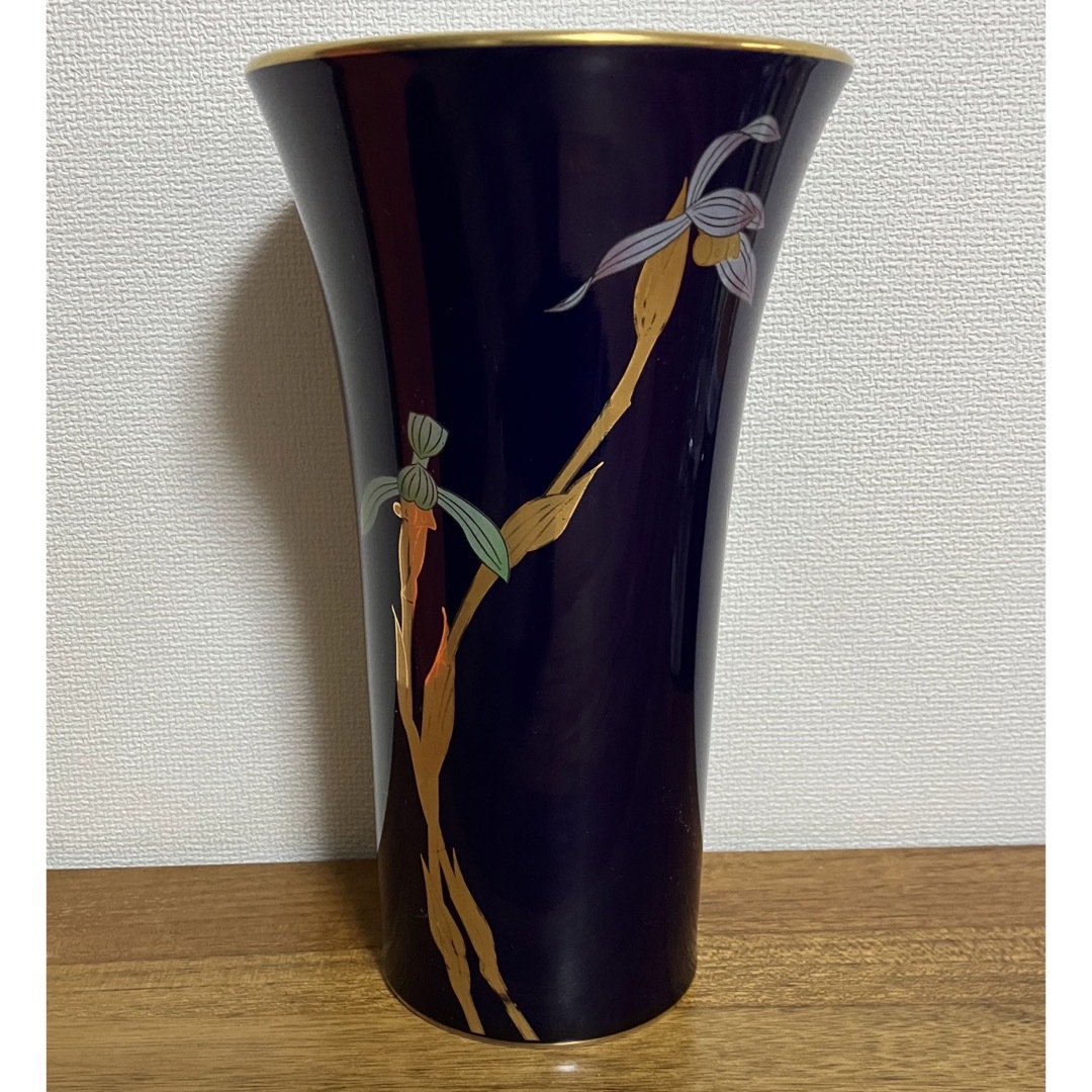 昭和レトロ品　有田焼　香蘭社　金彩×藍色　蘭のフラワーベース　花器　花瓶