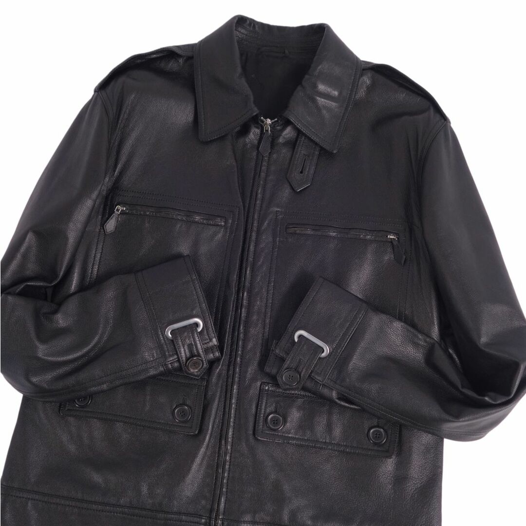 美品 エルメス HERMES ジャケット ベルテッド レザージャケット ジップアップ バッファローレザー アウター メンズ 52(L相当) ブラック