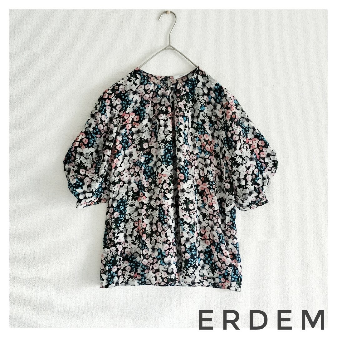 ERDEM フラワープリントネックギャザーシルクブラウス アーデム