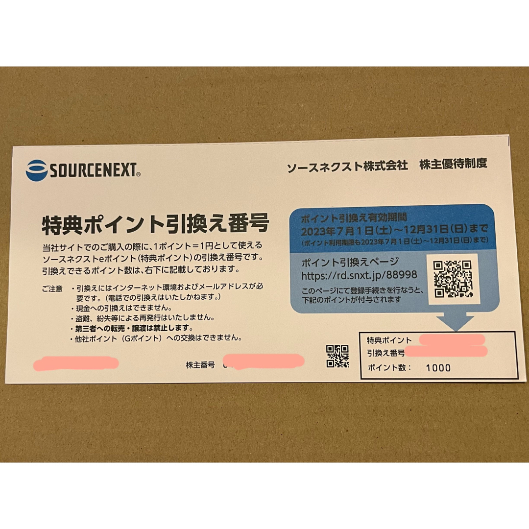 ソースネクスト　株主優待　1,000円分 チケットの優待券/割引券(ショッピング)の商品写真