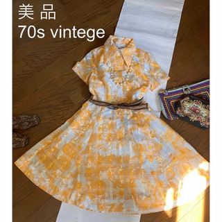 美品  70s vintege 美シルエット 格子織りの綿ローンワンピース(ひざ丈ワンピース)