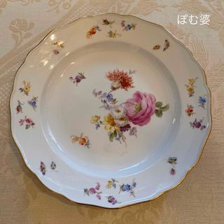 税込) 【古マイセン】金彩 赤単 プレート「金の葉を持つカマイユの薔薇