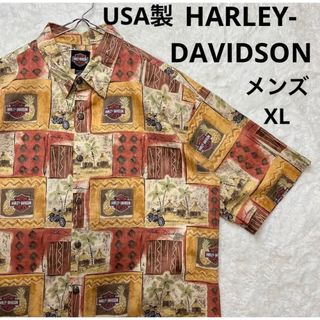 ハーレーダビッドソン(Harley Davidson)の【USA製】ハーレーダビットソン　総柄　ロゴ　バイク　半袖シャツ　メンズ XL(シャツ)