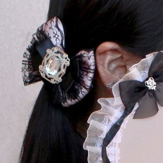 ハンドメイド リボン ヘアクリップ 地雷 黒ピンク 量産型(バレッタ/ヘアクリップ)