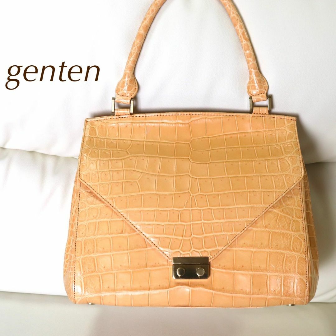 genten ゲンテン マットクロコダイルハンドバッグ ベージュ-