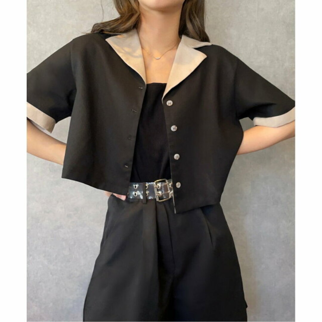 【ブラック】リネン混配色オープンカラー半袖シャツ 1