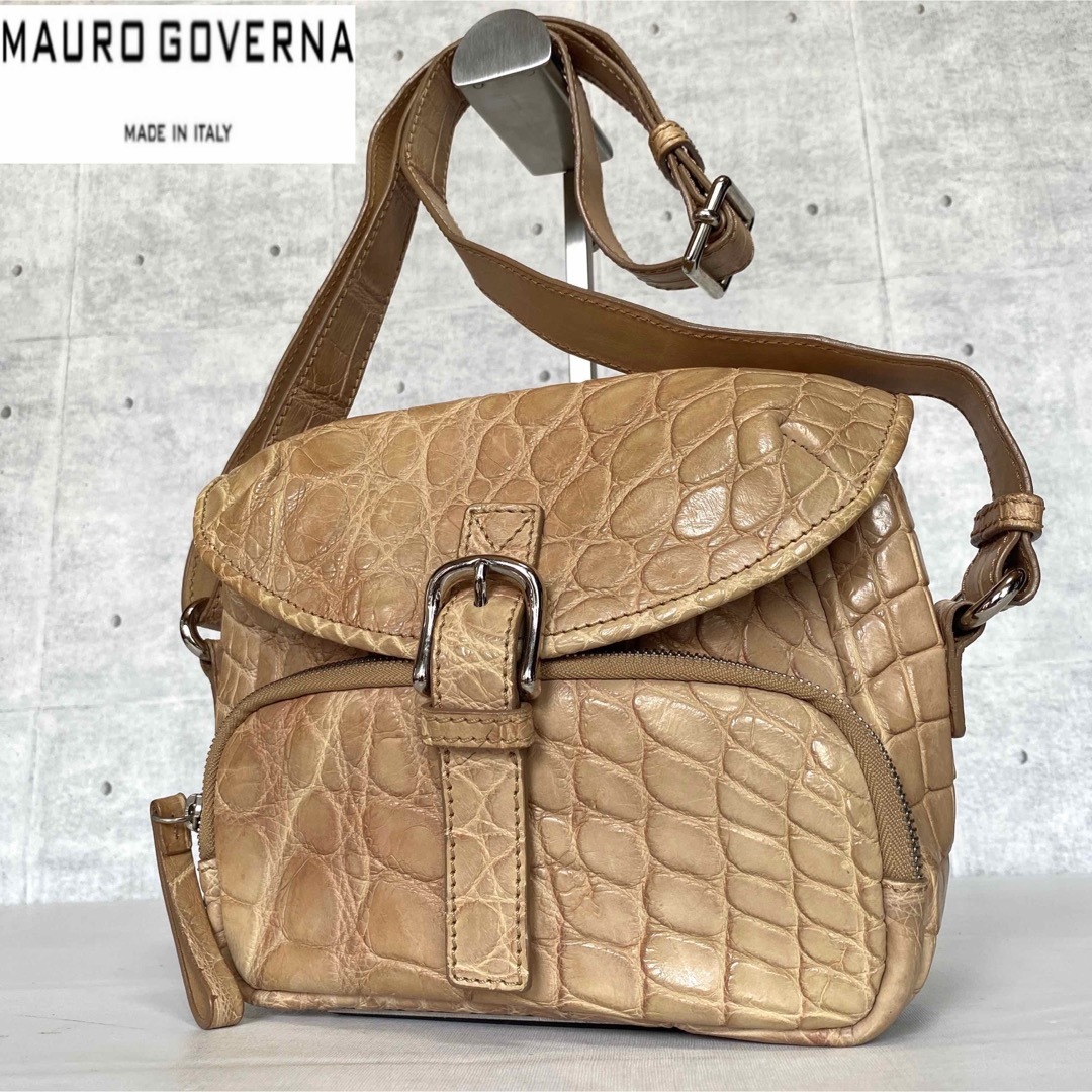 極美品】MAURO GOVERNA クロコダイル ベージュ ショルダーバッグ-