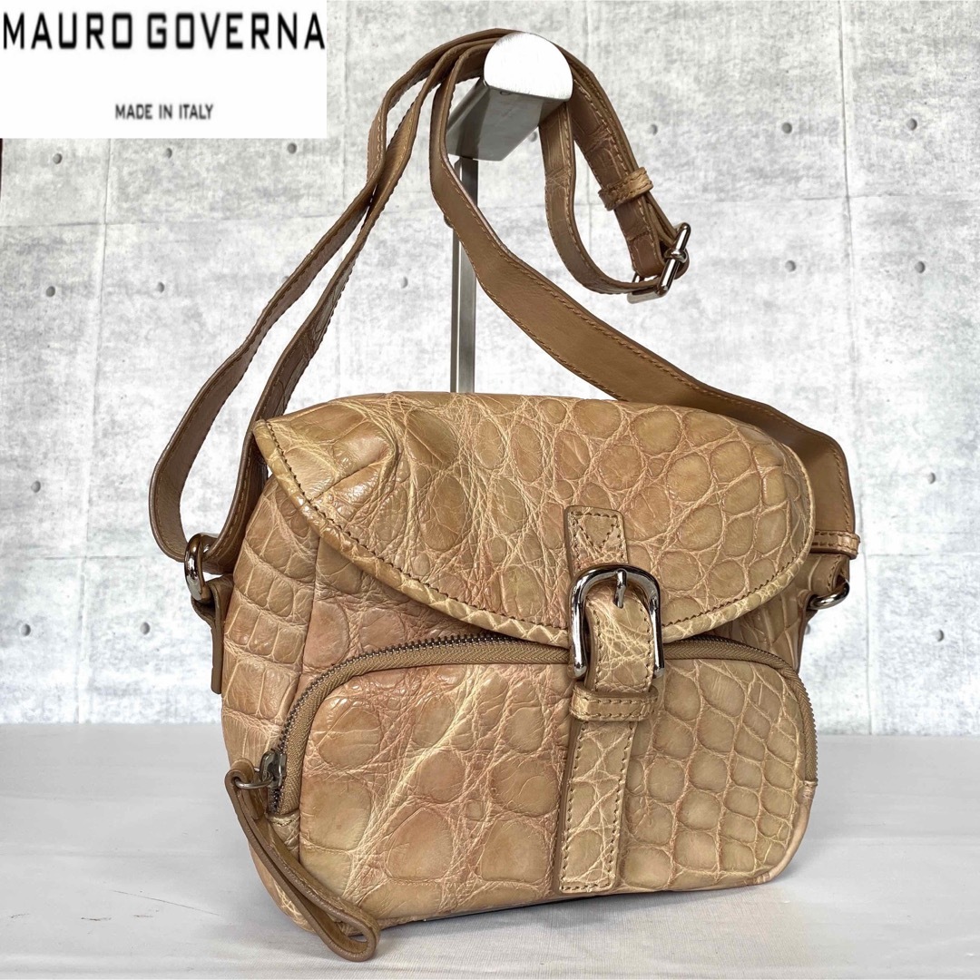 極美品】MAURO GOVERNA クロコダイル ベージュ ショルダーバッグ-