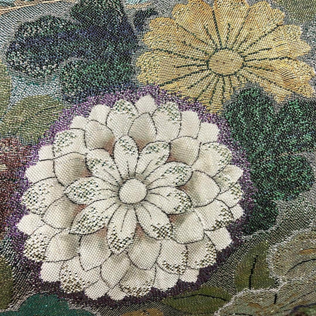 O-2427 袋帯 膨れ織 菊と牡丹の花 松 紅葉 金銀糸