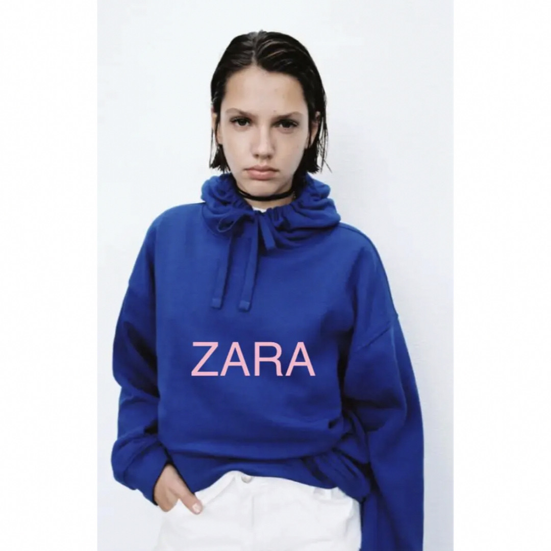 新品 ZARA ザラ ベーシック フーディ 裏起毛パーカー ブルー 青 Ｌ