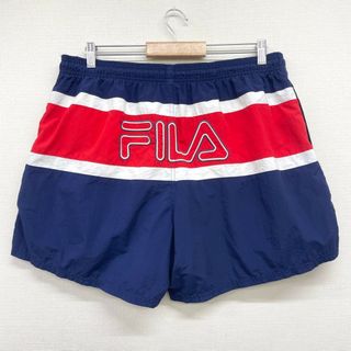 フィラ(FILA)のUS古着 フィラ FILA スイム ショートパンツ ボードショーツ ボーダー柄 ロゴ 刺繍 ひざ上 サイズ：W34～ ネイビー×レッド×ホワイト  【中古】(スラックス/スーツパンツ)