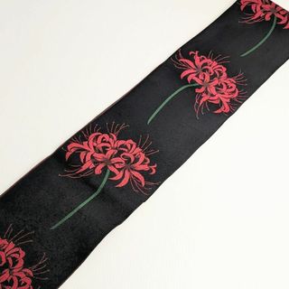 半幅帯 半巾帯 夏帯 単衣 黒 赤 彼岸花 400cm hobi61(浴衣)