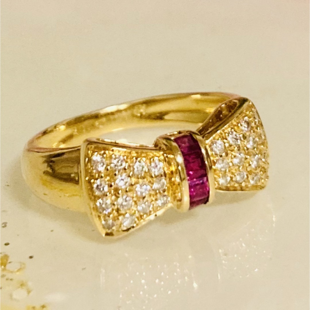 K18 RING Ruby Diamond Yellow Gold Ribbon