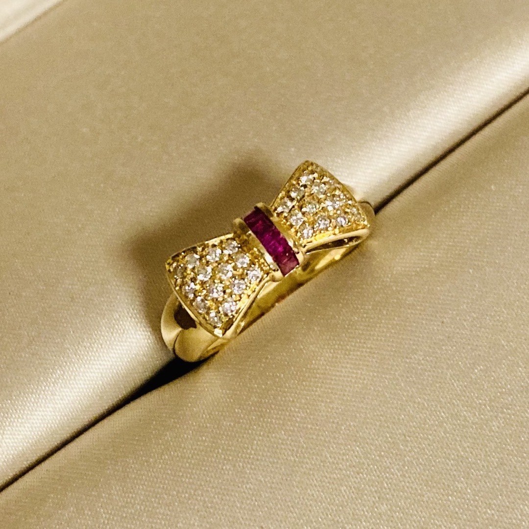 K18 RING Ruby Diamond Yellow Gold Ribbon