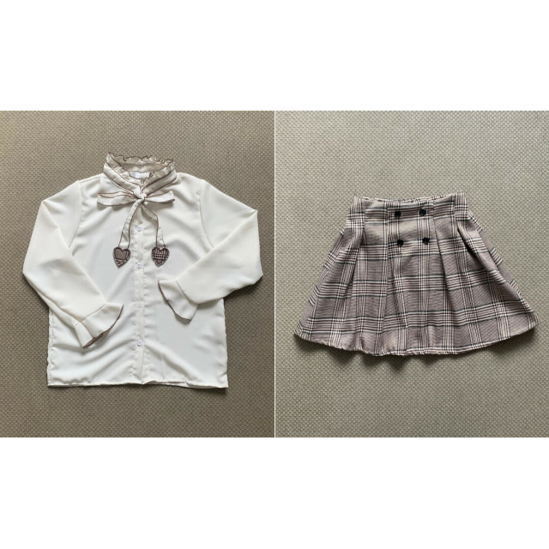 キッズ 女の子 110 リボンブラウス チェックスカートセット ブラウン 茶色
