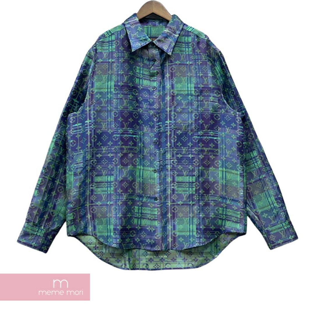 LOUIS VUITTON 2021AW Monogram Neon Check Oversized Business Shirt 1A97EC ルイヴィトン モノグラムネオンチェックオーバーサイズビジネスシャツ 総柄 パープル×グリーン サイズXL【230622】【新古品】【me04】