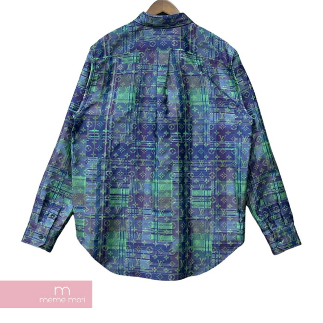 LOUIS VUITTON 2021AW Monogram Neon Check Oversized Business Shirt 1A97EC ルイヴィトン モノグラムネオンチェックオーバーサイズビジネスシャツ 総柄 パープル×グリーン サイズXL【230622】【新古品】【me04】