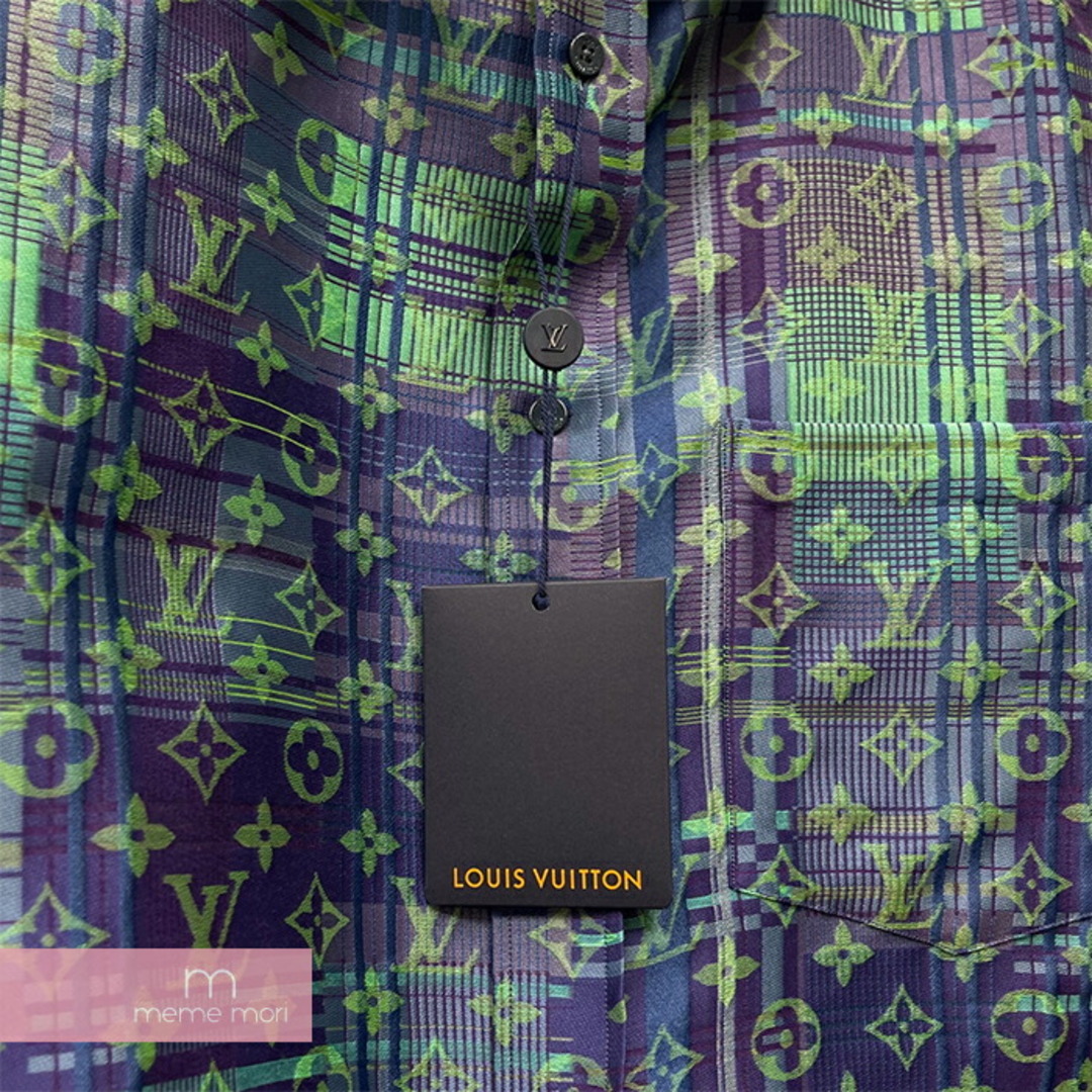 LOUIS VUITTON 2021AW Monogram Neon Check Oversized Business Shirt 1A97EC ルイヴィトン モノグラムネオンチェックオーバーサイズビジネスシャツ 総柄 パープル×グリーン サイズXL【230622】【新古品】【me04】