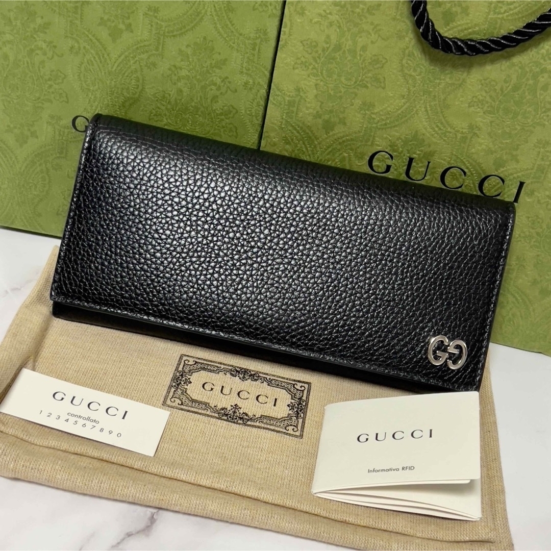 GUCCI 新品 未使用 ロング ウォレット 長財布 黒 シンプル GG 本革