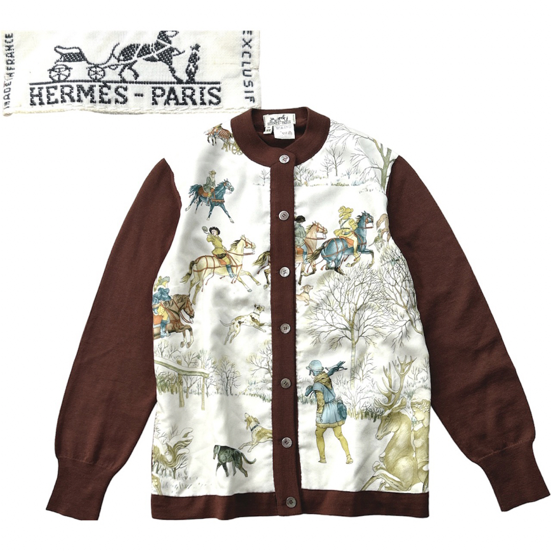 Hermes - HERMES シルク ウール 切替え スカーフ柄 カーディガン