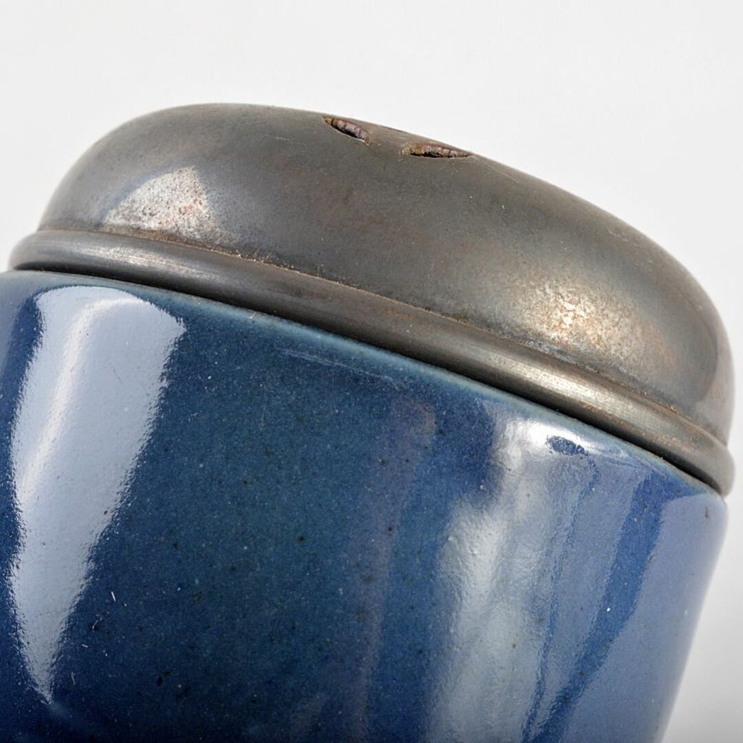 伊万里焼　瑠璃釉　藍釉　三足香炉　透かし純銀火屋　約35g　D　R5940
